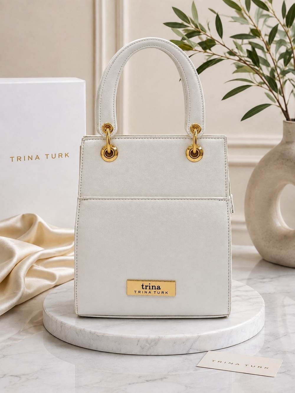 Trina Turk Cream Structured Top-Handle Satchel with Gold Hardware